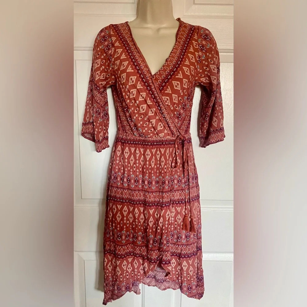 Skies are Blue Red Bohemian Vneck Wrap MIDI Dress